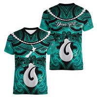 Personalised Maori Matariki Hei Matau Turquoise Women V-Neck T-Shirt Maori Kowhaiwhai Pattern Galaxy