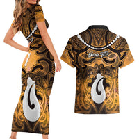 Personalised Maori Matariki Hei Matau Kowhai Couples Matching Short Sleeve Bodycon Dress and Hawaiian Shirt Maori Kowhaiwhai Pattern Galaxy