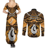 Personalised Maori Matariki Hei Matau Kowhai Couples Matching Summer Maxi Dress and Long Sleeve Button Shirt Maori Kowhaiwhai Pattern Galaxy