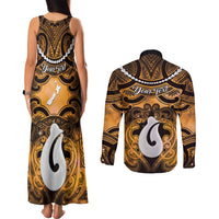 Personalised Maori Matariki Hei Matau Kowhai Couples Matching Tank Maxi Dress and Long Sleeve Button Shirt Maori Kowhaiwhai Pattern Galaxy