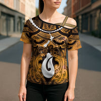 Personalised Maori Matariki Hei Matau Kowhai Cross Shoulder Shirt Maori Kowhaiwhai Pattern Galaxy LT01 - Polynesian Pride
