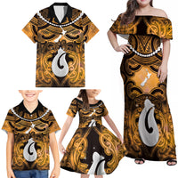 Personalised Maori Matariki Hei Matau Kowhai Family Matching Off Shoulder Maxi Dress and Hawaiian Shirt Maori Kowhaiwhai Pattern Galaxy