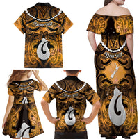 Personalised Maori Matariki Hei Matau Kowhai Family Matching Off Shoulder Maxi Dress and Hawaiian Shirt Maori Kowhaiwhai Pattern Galaxy