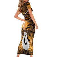 Personalised Maori Matariki Hei Matau Kowhai Short Sleeve Bodycon Dress Maori Kowhaiwhai Pattern Galaxy