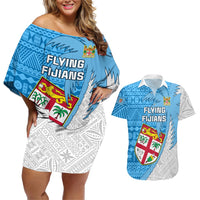 Custom Fiji Rugby Couples Matching Off Shoulder Short Dress and Hawaiian Shirt Come On Fijian Tapa Pattern LT01 Blue - Polynesian Pride
