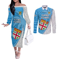 Custom Fiji Rugby Couples Matching Off The Shoulder Long Sleeve Dress and Long Sleeve Button Shirts Come On Fijian Tapa Pattern LT01 Blue - Polynesian Pride