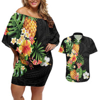 Hawaii Pineapple Tropical Couples Matching Off Shoulder Short Dress and Hawaiian Shirt Colorful Hibiscus Plumeria