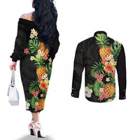 Hawaii Pineapple Tropical Couples Matching Off The Shoulder Long Sleeve Dress and Long Sleeve Button Shirt Colorful Hibiscus Plumeria