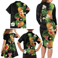 Hawaii Pineapple Tropical Family Matching Long Sleeve Bodycon Dress and Hawaiian Shirt Colorful Hibiscus Plumeria