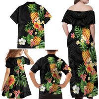 Hawaii Pineapple Tropical Family Matching Off Shoulder Maxi Dress and Hawaiian Shirt Colorful Hibiscus Plumeria