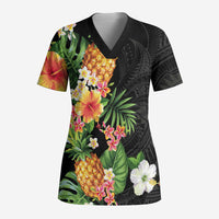 Hawaii Pineapple Tropical Scrub Top Colorful Hibiscus Plumeria - Polynesian Pride