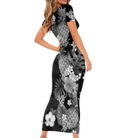 Hawaii Pineapple Tropical Short Sleeve Bodycon Dress Neutral Hibiscus Plumeria