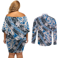 Ninamu Tahiti Tiare Monstera Couples Matching Off Shoulder Short Dress and Long Sleeve Button Shirt Polynesian Pattern Curve Style - Polynesian Pride