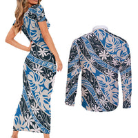 Ninamu Tahiti Tiare Monstera Couples Matching Short Sleeve Bodycon Dress and Long Sleeve Button Shirt Polynesian Pattern Curve Style - Polynesian Pride