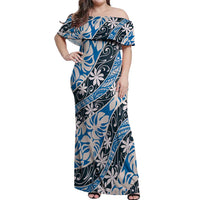 Ninamu Tahiti Tiare Monstera Off Shoulder Maxi Dress Polynesian Pattern Curve Style - Polynesian Pride