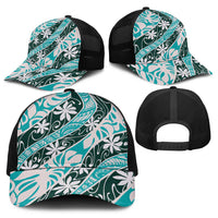 Cyan Tahiti Tiare Monstera Baseball Net Cap Polynesian Pattern Curve Style - Polynesian Pride