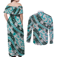 Cyan Tahiti Tiare Monstera Couples Matching Off Shoulder Maxi Dress and Long Sleeve Button Shirt Polynesian Pattern Curve Style - Polynesian Pride