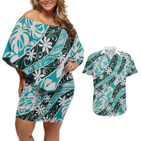 Cyan Tahiti Tiare Monstera Couples Matching Off Shoulder Short Dress and Hawaiian Shirt Polynesian Pattern Curve Style - Polynesian Pride