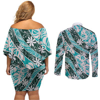 Cyan Tahiti Tiare Monstera Couples Matching Off Shoulder Short Dress and Long Sleeve Button Shirt Polynesian Pattern Curve Style - Polynesian Pride