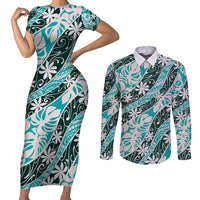 Cyan Tahiti Tiare Monstera Couples Matching Short Sleeve Bodycon Dress and Long Sleeve Button Shirt Polynesian Pattern Curve Style - Polynesian Pride