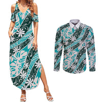 Cyan Tahiti Tiare Monstera Couples Matching Summer Maxi Dress and Long Sleeve Button Shirt Polynesian Pattern Curve Style LT01 Cyan - Polynesian Pride