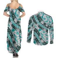 Cyan Tahiti Tiare Monstera Couples Matching Summer Maxi Dress and Long Sleeve Button Shirt Polynesian Pattern Curve Style LT01 - Polynesian Pride