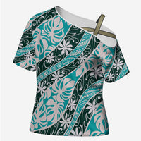 Cyan Tahiti Tiare Monstera Cross Shoulder Shirt Polynesian Pattern Curve Style - Polynesian Pride