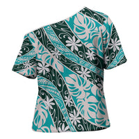 Cyan Tahiti Tiare Monstera Cross Shoulder Shirt Polynesian Pattern Curve Style - Polynesian Pride