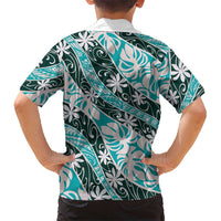 Cyan Tahiti Tiare Monstera Family Matching Long Sleeve Bodycon Dress and Hawaiian Shirt Polynesian Pattern Curve Style LT01 - Polynesian Pride