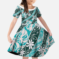 Cyan Tahiti Tiare Monstera Family Matching Long Sleeve Bodycon Dress and Hawaiian Shirt Polynesian Pattern Curve Style LT01 Daughter's Dress Cyan - Polynesian Pride