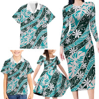 Cyan Tahiti Tiare Monstera Family Matching Long Sleeve Bodycon Dress and Hawaiian Shirt Polynesian Pattern Curve Style LT01 - Polynesian Pride
