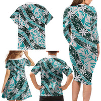 Cyan Tahiti Tiare Monstera Family Matching Long Sleeve Bodycon Dress and Hawaiian Shirt Polynesian Pattern Curve Style LT01 - Polynesian Pride