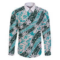 Cyan Tahiti Tiare Monstera Family Matching Long Sleeve Bodycon Dress and Hawaiian Shirt Polynesian Pattern Curve Style LT01 Dad's Shirt - Long Sleeve Cyan - Polynesian Pride