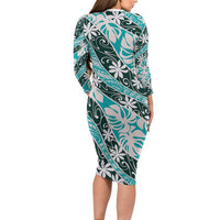 Cyan Tahiti Tiare Monstera Family Matching Long Sleeve Bodycon Dress and Hawaiian Shirt Polynesian Pattern Curve Style LT01 - Polynesian Pride