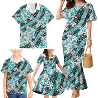 Cyan Tahiti Tiare Monstera Family Matching Mermaid Dress and Hawaiian Shirt Polynesian Pattern Curve Style - Polynesian Pride