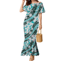 Cyan Tahiti Tiare Monstera Family Matching Mermaid Dress and Hawaiian Shirt Polynesian Pattern Curve Style - Polynesian Pride