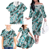 Cyan Tahiti Tiare Monstera Family Matching Off The Shoulder Long Sleeve Dress and Hawaiian Shirt Polynesian Pattern Curve Style - Polynesian Pride