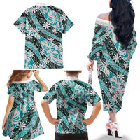 Cyan Tahiti Tiare Monstera Family Matching Off The Shoulder Long Sleeve Dress and Hawaiian Shirt Polynesian Pattern Curve Style - Polynesian Pride