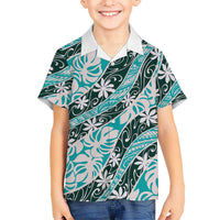 Cyan Tahiti Tiare Monstera Family Matching Off The Shoulder Long Sleeve Dress and Hawaiian Shirt Polynesian Pattern Curve Style - Polynesian Pride