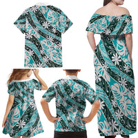 Cyan Tahiti Tiare Monstera Family Matching Off Shoulder Maxi Dress and Hawaiian Shirt Polynesian Pattern Curve Style - Polynesian Pride