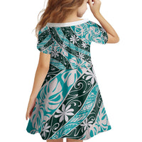 Cyan Tahiti Tiare Monstera Family Matching Off Shoulder Short Dress and Hawaiian Shirt Polynesian Pattern Curve Style - Polynesian Pride