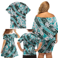 Cyan Tahiti Tiare Monstera Family Matching Off Shoulder Short Dress and Hawaiian Shirt Polynesian Pattern Curve Style - Polynesian Pride