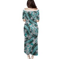 Cyan Tahiti Tiare Monstera Family Matching Puletasi and Hawaiian Shirt Polynesian Pattern Curve Style - Polynesian Pride