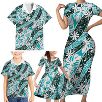 Cyan Tahiti Tiare Monstera Family Matching Short Sleeve Bodycon Dress and Hawaiian Shirt Polynesian Pattern Curve Style LT01 - Polynesian Pride