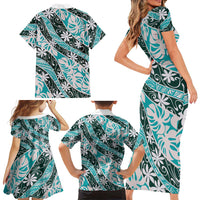 Cyan Tahiti Tiare Monstera Family Matching Short Sleeve Bodycon Dress and Hawaiian Shirt Polynesian Pattern Curve Style LT01 - Polynesian Pride