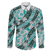 Cyan Tahiti Tiare Monstera Family Matching Short Sleeve Bodycon Dress and Hawaiian Shirt Polynesian Pattern Curve Style LT01 Dad's Shirt - Long Sleeve Cyan - Polynesian Pride