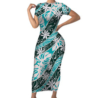 Cyan Tahiti Tiare Monstera Family Matching Short Sleeve Bodycon Dress and Hawaiian Shirt Polynesian Pattern Curve Style LT01 Mom's Dress Cyan - Polynesian Pride