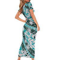 Cyan Tahiti Tiare Monstera Family Matching Short Sleeve Bodycon Dress and Hawaiian Shirt Polynesian Pattern Curve Style LT01 - Polynesian Pride