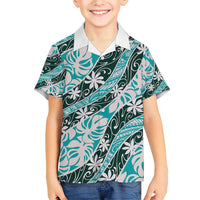 Cyan Tahiti Tiare Monstera Family Matching Short Sleeve Bodycon Dress and Hawaiian Shirt Polynesian Pattern Curve Style LT01 Son's Shirt Cyan - Polynesian Pride