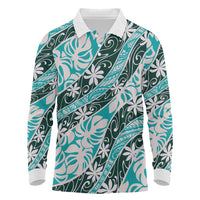 Cyan Tahiti Tiare Monstera Long Sleeve Polo Shirt Polynesian Pattern Curve Style - Polynesian Pride